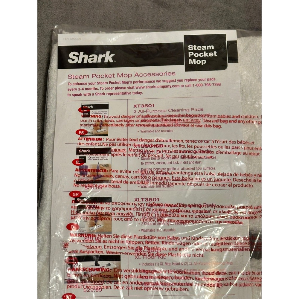 Shark Steam Pocket Mop All-Purpose Cleaning Pads XT3501 White 2-Pack NEW